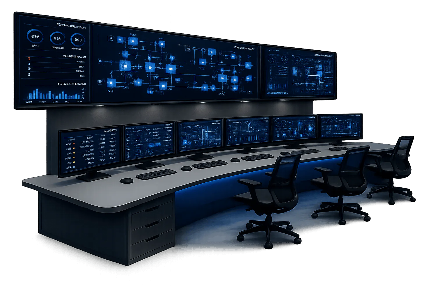 Concept SCADA control room with monitoring screens